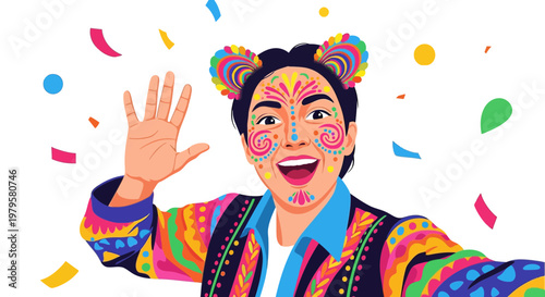 Joyful celebration with vibrant face paint and confetti creating a festive atmosphere