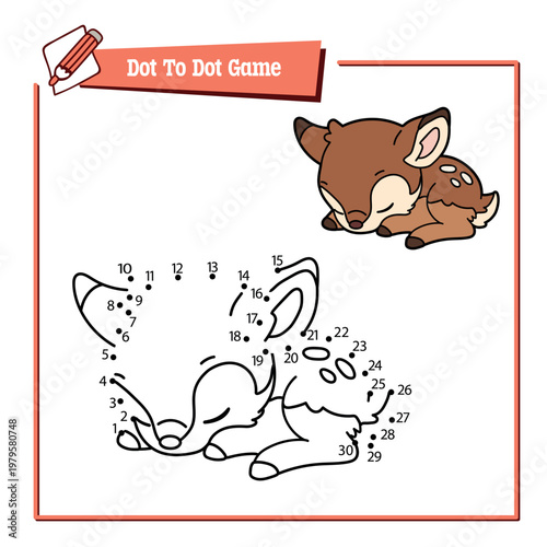 Dot to dot game with cute sleeping deer. Connect the dots activity for children, colouring and coloring page with numbers. Educational worksheet for preschool and primary school kids.