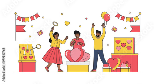 Joyful Couple Celebrating Love with Hearts and Balloons at a Fairground