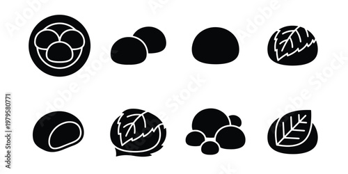 Japanese mochi icon set, traditional wagashi dessert vector elements, black and white daifuku rice cake illustrations, 8 minimalist food icons