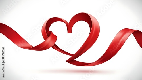 Elegant red ribbon intertwined to form two heart shapes against a plain background.