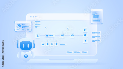 AI workflow automation artificial intelligence. ai agent workflow diagram dashboard machine learning showing node input, processing flow panel, coding panel and process flow.