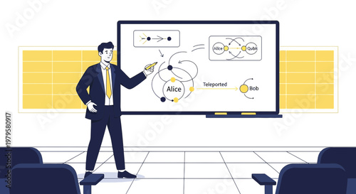 Lecturer explaining quantum teleportation at a conference, quantum physics diagram on white board