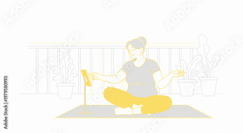 Line art illustration of a woman practicing yoga with online tutorial using tablet device