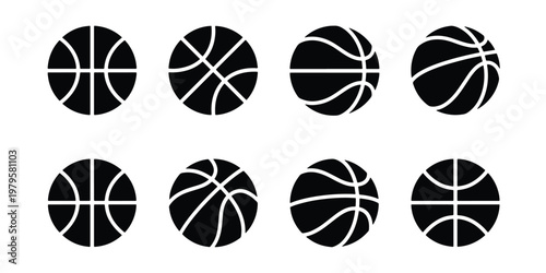 Basketball icon set with 8 black vector silhouettes, sports ball symbols for competition and team branding, minimalist athletic equipment graphics
