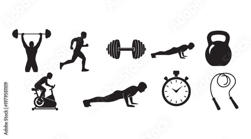 Fitness And Exercise Icons With Weightlifting And Cardio Equipment