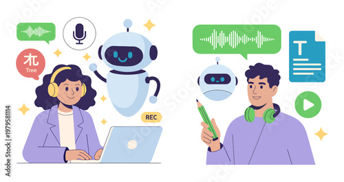 Ai assistant for transcription and communication with people artificial intelligence voice recognition assistant communication transcription technology illustration microphone headphones