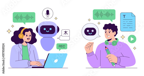 People interacting with AI assistant for transcription and communication artificial intelligence voice recognition assistant communication transcription technology illustration microphone
