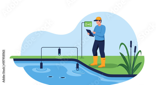 Man analyzing data from sensors in a pond using a tablet for environmental monitoring purposes