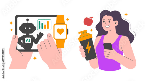 Woman using AI and fitness tracker for health and wellness with artificial intelligence heart rate wellness smartwatch technology exercise nutrition illustration lifestyle activity interface