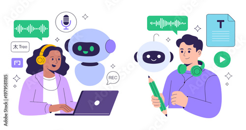 People using AI assistant for transcription and communication with artificial intelligence voice recognition assistant communication transcription technology illustration microphone headphones