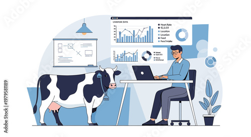 Man analyzing livestock data next to a cow illustrating technology integration in farming practices