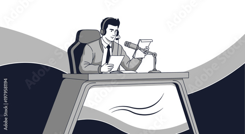 Man broadcasting live with microphone in studio setting, detailed illustration concept for modern