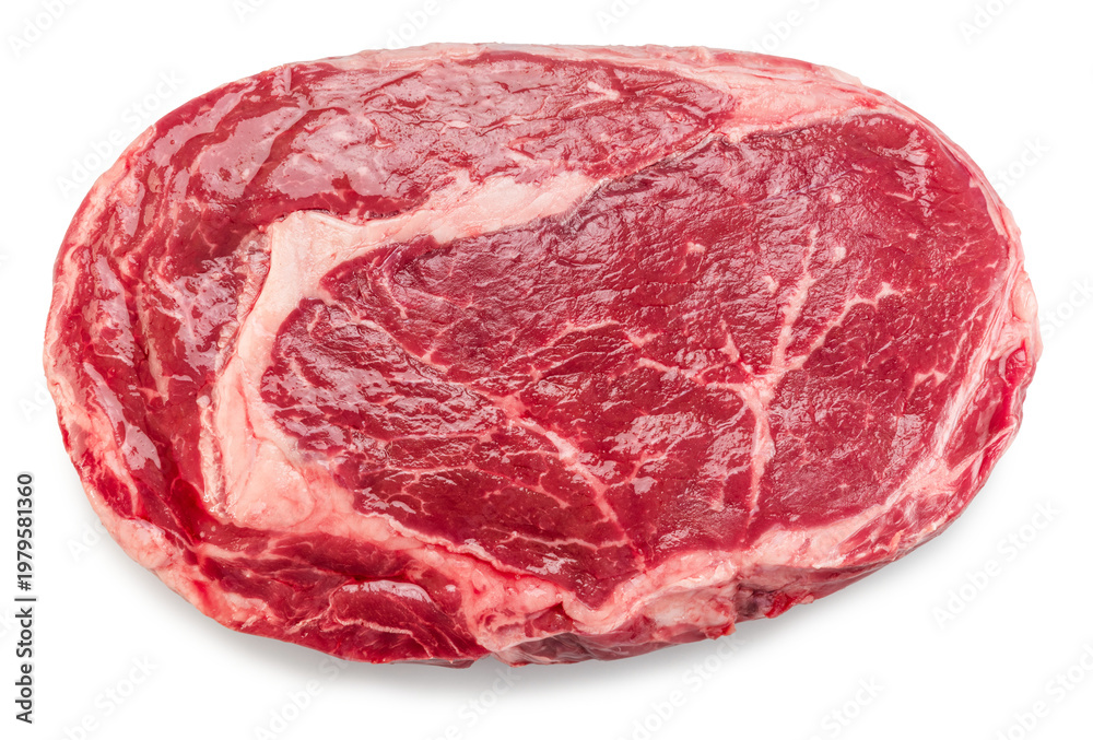 Fototapeta premium Raw ribeye steak isolated on white background. Top view. Clipping path.