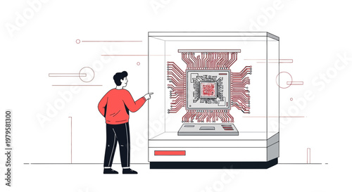 Man contemplates advanced technology: An exploration of futuristic processors showcased in