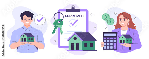 Real estate loan approval with family and calculator loan application approval mortgage property calculator approved document clipboard investment agreement contract business planning