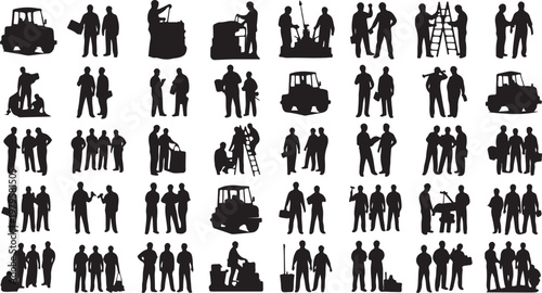 Construction Workers and Vehicles Silhouette Icons Set for Design