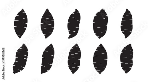 Group of black sweet potato silhouettes on a white background