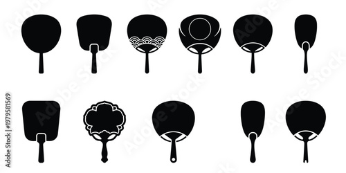 Japanese Uchiwa hand fan silhouettes, set of 11 traditional Asian paper fan icons, black flat vector illustrations for summer festival design