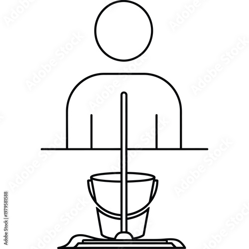 Minimalist Line Art Illustration of a Person Mopping Floor with Mop and Bucket Cleaning