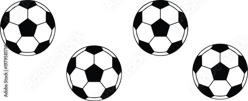 Clean vector sports icon set featuring four classic soccer balls with pentagon hexagon pattern in simple balanced grid layout