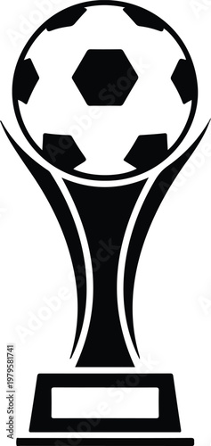 Clean vector sports emblem design with football trophy icon and elegant pedestal base in simple monochrome branding style illustration