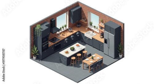 Isometric 3D illustration of a modern kitchen interior with dining table and appliances