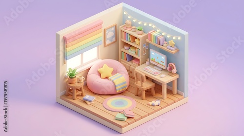 Cozy isometric cartoon style bedroom interior with computer desk and beanbag chair