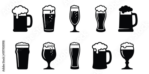 Beer glass icons set, black silhouette brewery mugs and pint glasses with foam, 10 vector alcohol drink symbols for bar menus and pub branding