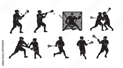 Lacrosse players in action during a game with net and ball silhouettes