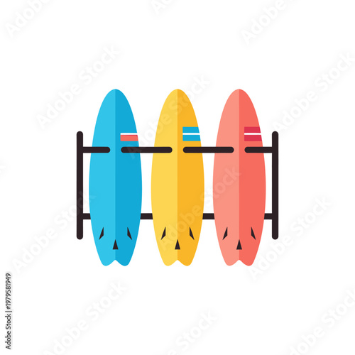 flat illustration of surfboard rack with boards, simplified shapes, solid colors, white background