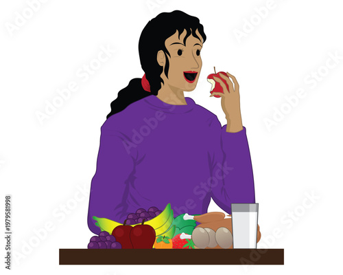 
Vector illustration design of a woman who appears to be holding an apple and eating it and in front of her there are fruits and also chicken eggs and milk and vegetables as a symbol of the four healt
