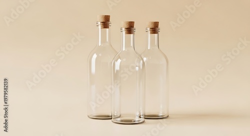 Three empty clear glass bottles with cork stoppers arranged on a beige background