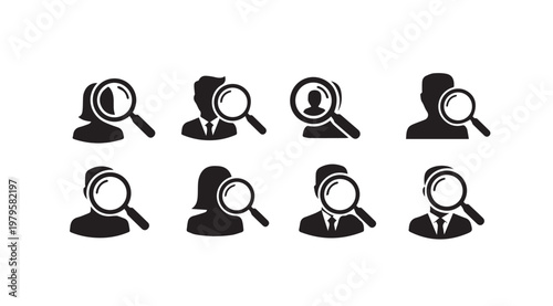 Magnifying Glass Icons Searching Diverse People Silhouettes on White Background