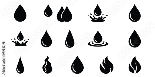 Black water drop icons set, liquid droplet vector silhouettes with splash and ripple effects, 15 minimalist oil and rain drop symbols for web design