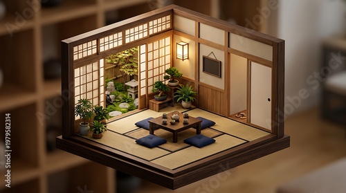 Miniature Japanese room diorama showcasing traditional architecture and serene garden elements