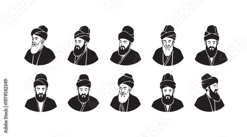 Men with turbans in profile view with detailed beards during a historical illustration