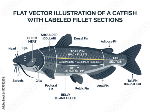 Anatomy of a Catfish A Detailed Vector Illustration of Fillet Sections and Their Labels