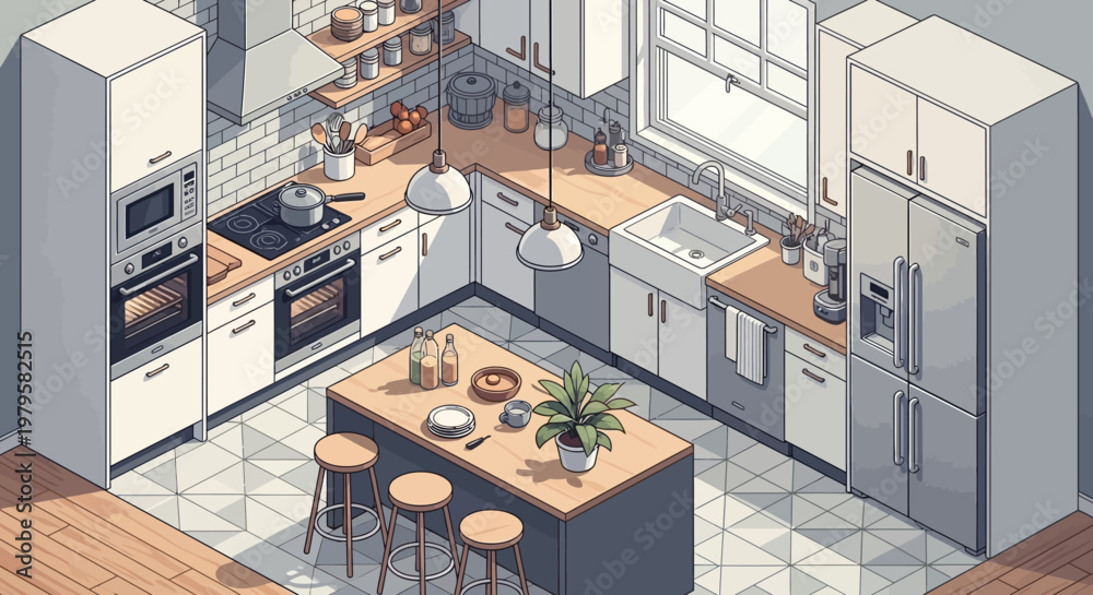 Fototapeta premium Overhead view of a modern kitchen with island and appliances
