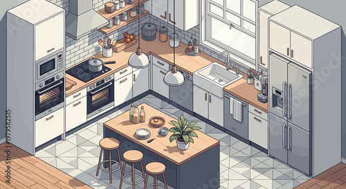 Overhead view of a modern kitchen with island and appliances