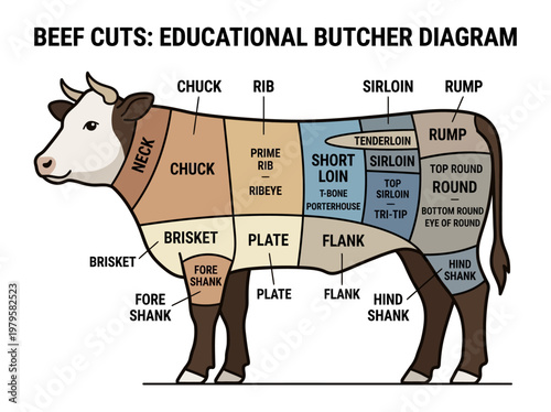 Educational Diagram Illustrating Various Beef Cuts and Their Locations on a Cow