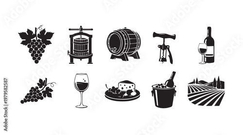 Monochromatic Wine Production Elements with Vineyard Landscape and Grapes