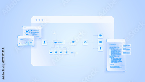 AI workflow automation artificial intelligence. ai agent workflow diagram dashboard machine learning showing node input, processing flow panel, coding panel and process flow.