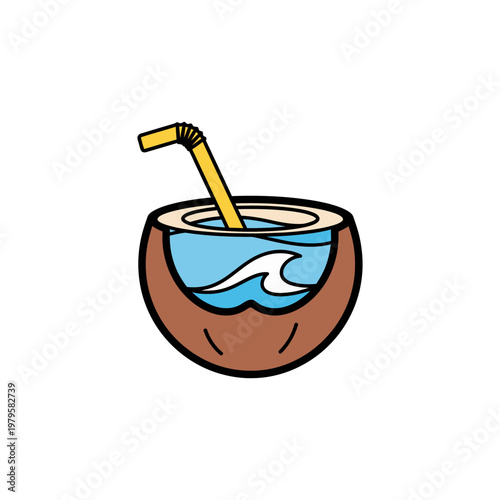 flat vector icon of tropical coconut drink with small wave symbol