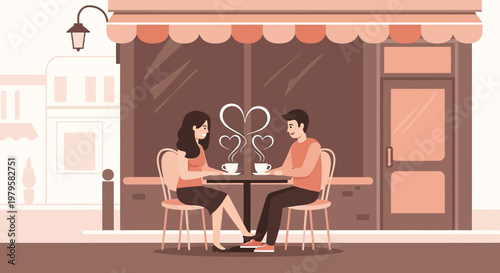 Couple enjoying coffee date at cafe, hearts in steam, romantic illustration