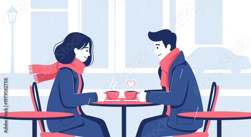 Couple enjoying coffee date at cafe, romantic illustration, love and connection