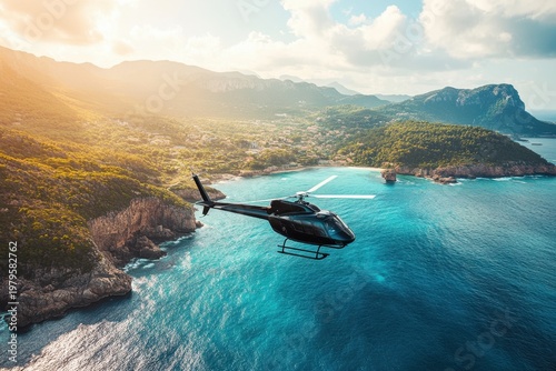 Helicopter over tropical bay aerial view blue water coastal cliff mountain sunrise travel luxury flight