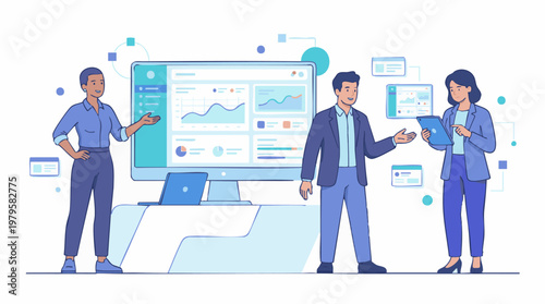 Business professionals analyzing data on a large computer screen together