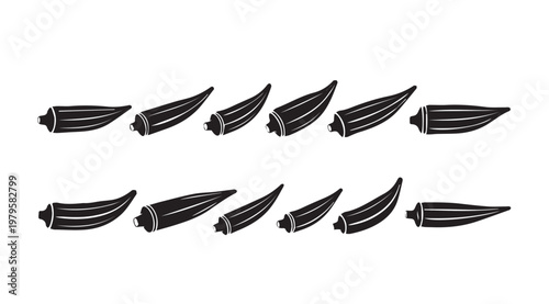 Okra pods arranged in two rows against a white background with subtle texture