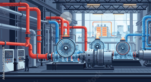 Industrial power plant interior with turbine machinery, heavy equipment, colorful pipes, and control panel, cad drawing flat vector illustration of factory.